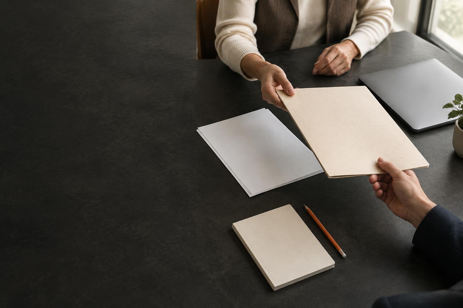 A client handoff across a work table